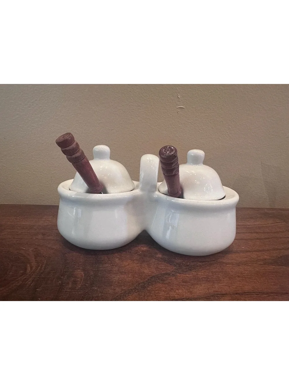 Ceramic Double Condiment Server With Wood Handled Spoons